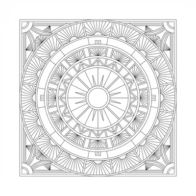An Art Deco circular mandala with 12 sections, each section containing stacked coloring page