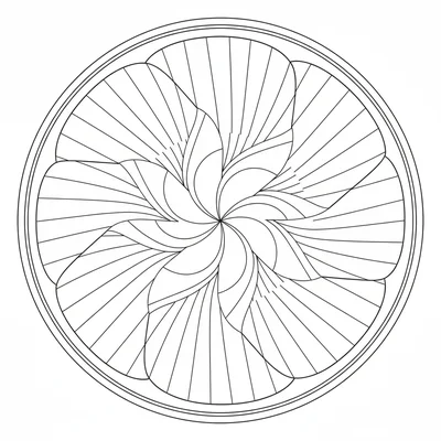 An Art Deco fan mandala with 8 large overlapping fan shapes arranged in a ring coloring page