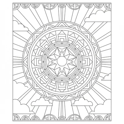 An Art Deco mandala featuring stepped trapezoid shapes in each section coloring page