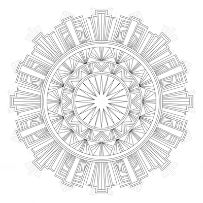 An Art Deco mandala with 16 sections showing a stepped column pattern in each coloring page