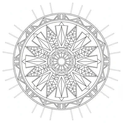 An Art Deco star mandala with 12 large pointed sections, each section coloring page
