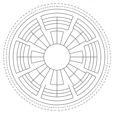 An Art Deco stepped circle mandala where each of 8 sections is divided coloring page