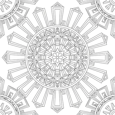 An Art Deco sunburst mandala with 16 alternating long and short rays, stepped coloring page