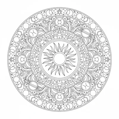 An astronomical mandala showing the solar system as a mandala, the sun center coloring page