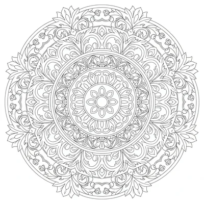 A Baroque ornamental mandala with 12 sections and 6 rings featuring acanthus coloring page