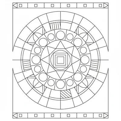 A Bauhaus-inspired geometric mandala with strong primary geometric shapes coloring page
