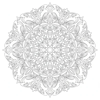 A botanical mandala with 16 sections and 7 rings, the inner rings showing coloring page