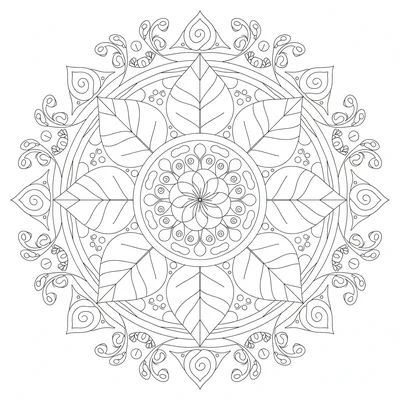 A botanical mandala with large stylized leaf shapes woven into a radially coloring page