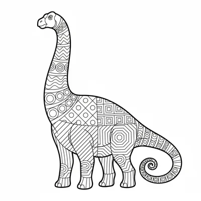 A Brachiosaurus body zentangle standing upright, the long neck divided into sta… coloring page