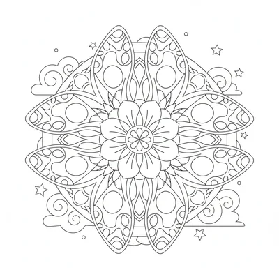 A butterfly wing mandala with 4 pairs of butterfly wing shapes arranged coloring page