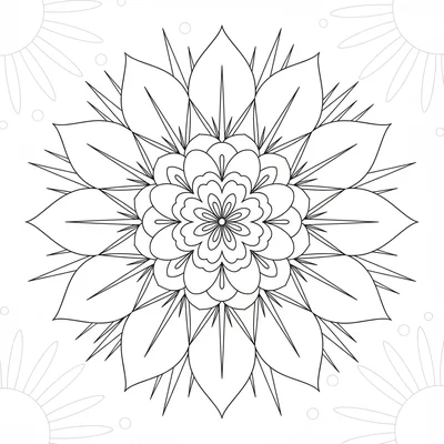 A cactus flower mandala with large spiky cactus petal shapes in the outer ring coloring page
