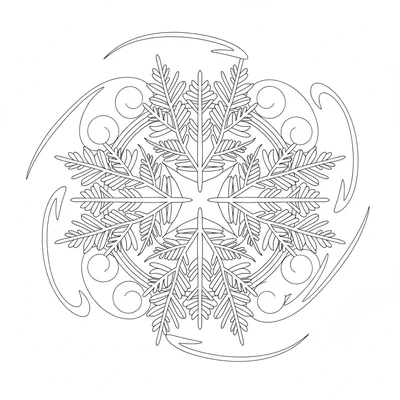 A cedar frond mandala with 6 conifer branch shapes radiating from the center coloring page