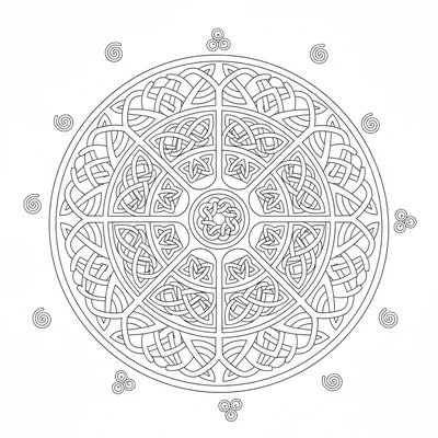 A Celtic-inspired circular mandala where interlocking knot bands form coloring page