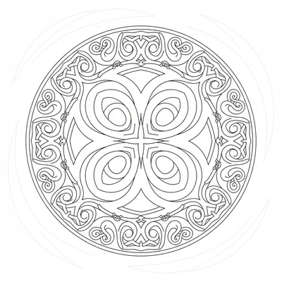 A Celtic shield knot-inspired mandala with 4 large interlocking loops forming coloring page