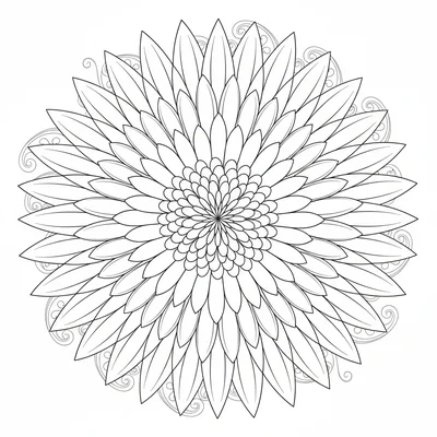 A chrysanthemum mandala with 40 narrow petals in the outer ring tapering coloring page