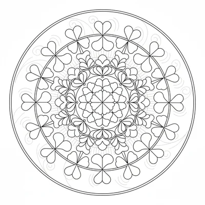 A clover field mandala with 3-leaf clover shapes arranged in a repeating coloring page