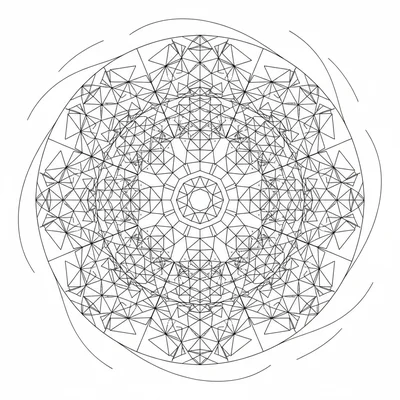 A crystalline geometric mandala with 12 sections, each section showing coloring page