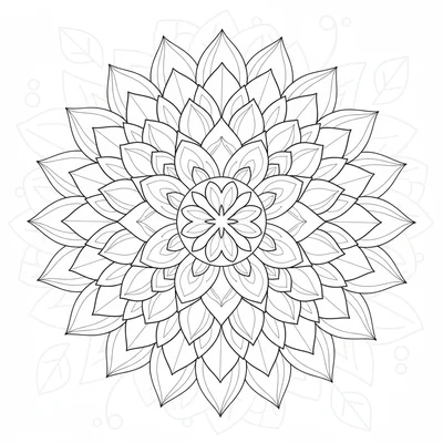 A dahlia mandala with pointed petals in 4 dense rings, each ring's petals coloring page