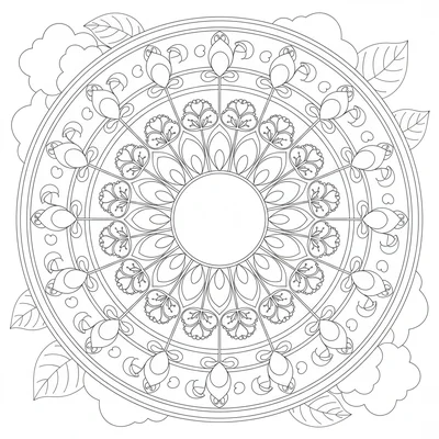 A dandelion clock mandala with 24 seed heads radiating from a central sphere coloring page