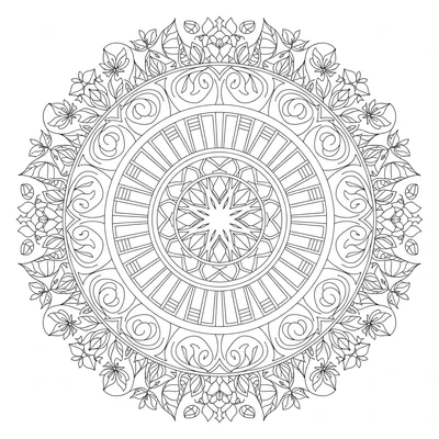A deco-botanical mandala with 14 sections and 7 rings, the inner rings pure Art coloring page
