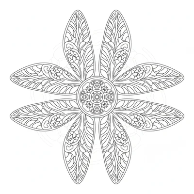A dragonfly wing mandala with 4 pairs of dragonfly wing shapes arranged coloring page