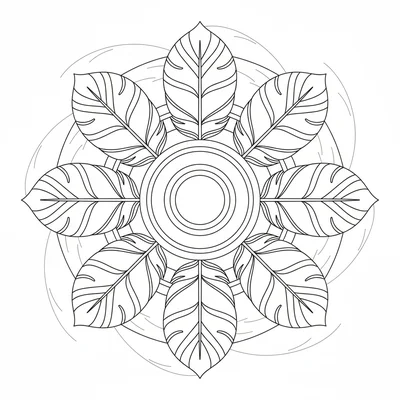 A feather mandala with 8 large stylized feather shapes radiating coloring page