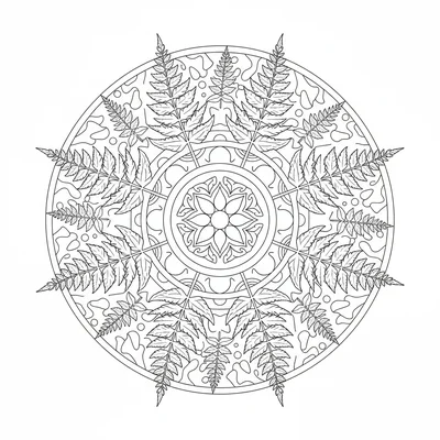 A fern frond mandala where 6 large fern fronds curve outward from the center coloring page