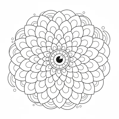 A fish scale mandala with curved scale shapes overlapping in a repeating radial coloring page