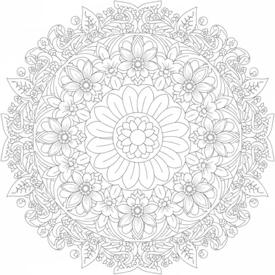 A floral mandala with 12 sections and 7 rings, the innermost 2 rings showing coloring page