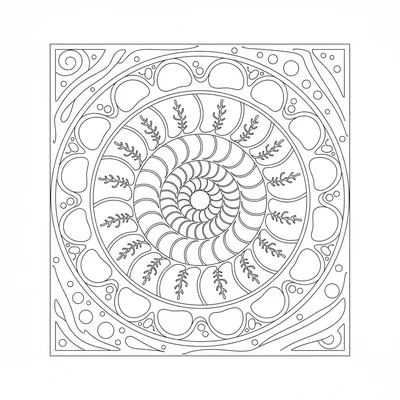 A fossil ammonite mandala with etched suture line patterns on each chamber, 4 coloring page