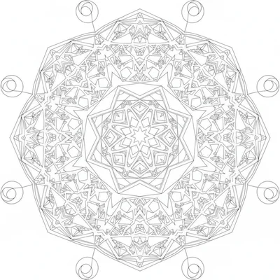 A fractal-like geometric mandala where each of the 6 sections contains coloring page