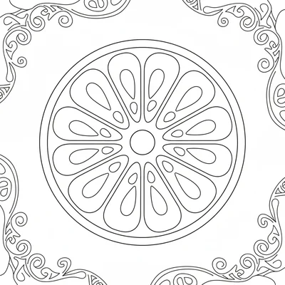 A fruit cross-section mandala based on the inside of a citrus fruit, with 8 coloring page