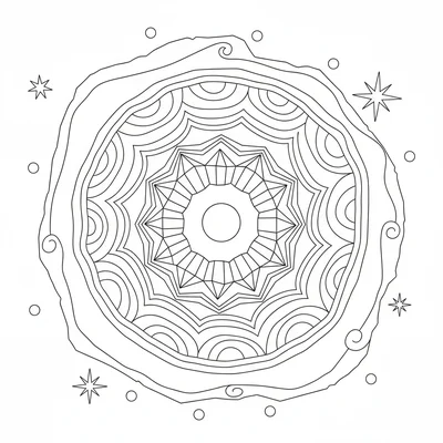 A geode mandala showing a cross-section of a geode crystal cavity, a rough coloring page