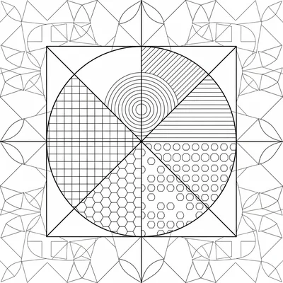 A geometric mandala based on the squaring-the-circle problem visually, a large coloring page