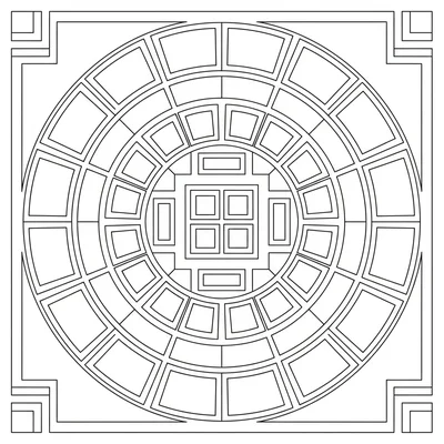 A geometric mandala built from only right-angle shapes, squares, rectangles coloring page