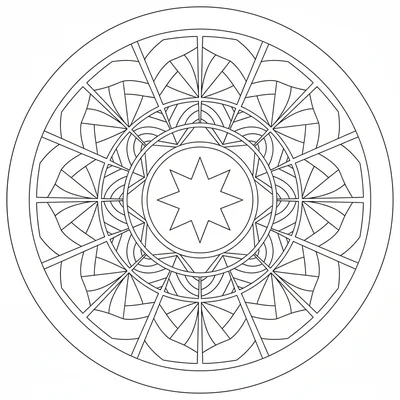 A geometric mandala with 12 sections alternating between a solid fan of 5 arcs coloring page