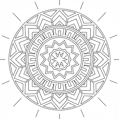 A geometric mandala with 12 sections featuring interlocking T-shapes coloring page