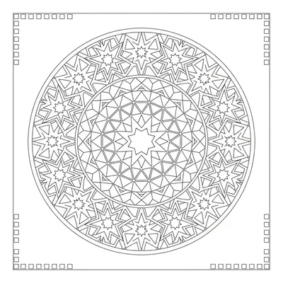 A geometric mandala with 8 sections, 4 concentric rings, built coloring page