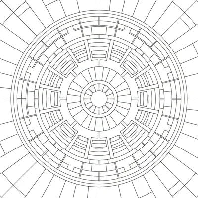 A geometric mandala with 8 sections featuring brick-bond patterns in the outer coloring page