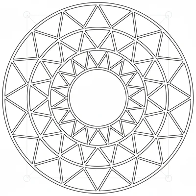 A geometric mandala with 9 sections (3-fold symmetry), each section featuring coloring page