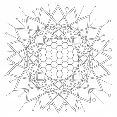 A geometric mandala with a 12-section outer ring of arrowhead shapes pointing coloring page