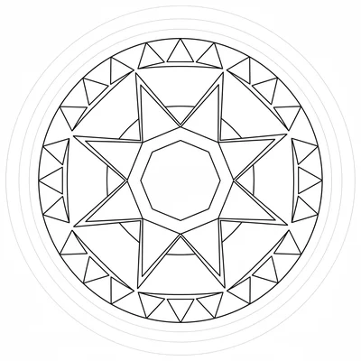 A geometric mandala with a central hexagon surrounded by 6 triangles making coloring page