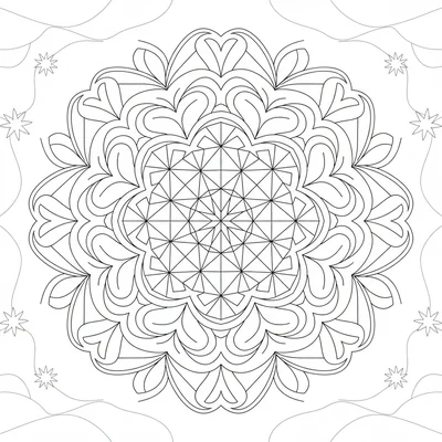 A geometric mandala with a hexagonal center grid pattern that transitions into coloring page