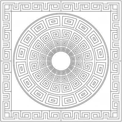 A Greek key (meander) mandala where the classic Greek key border pattern coloring page