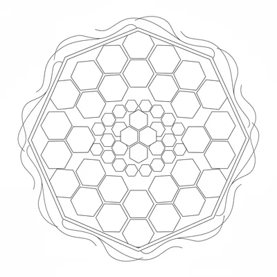 A honeycomb mandala with regular hexagonal cells radiating from the center, 5 coloring page