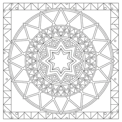 A mandala built from star polygons nested inside each other, a 12-point outer coloring page