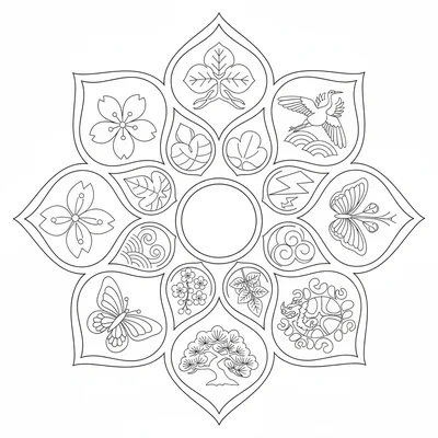 A mandala inspired by Japanese family crests (mon) arranged in a mandala coloring page