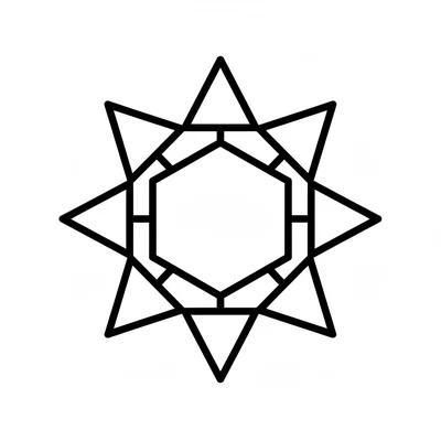 A mandala of 6 large arrow shapes pointing outward from the center, like coloring page