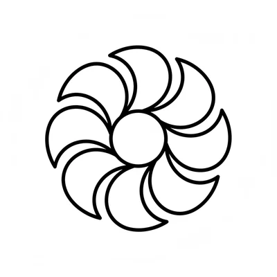 A mandala of 8 large crescent shapes arranged in a ring, each crescent's outer coloring page