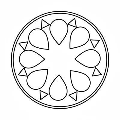 A mandala of 8 large teardrop shapes pointing outward arranged in a ring, their coloring page